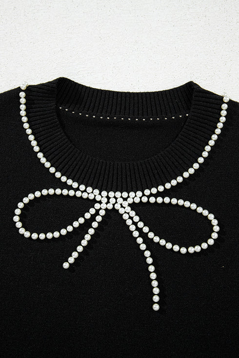 Black Pearl Bow Necklace Embellished Short Sleeve Knitted T Shirt